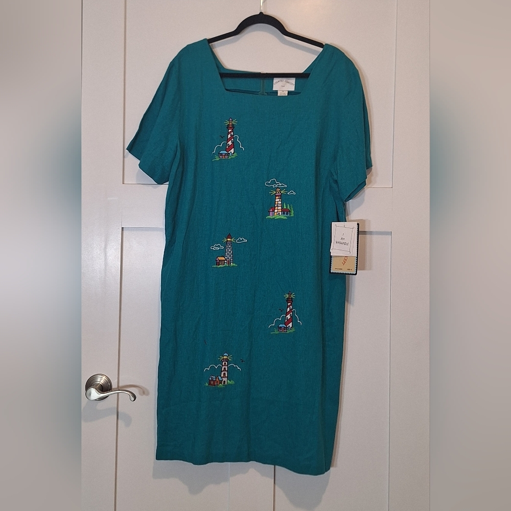 Country Concepts Linen Cotton Midi Sheath Dress Embroidered Lighthouses 1X